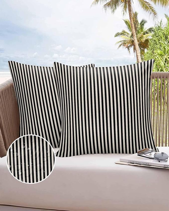 Outdoor Waterproof Throw Pillow Covers Set of 2 Black Stripes Pillowcases 24x24 Inches Linen Classic Vertical Striped Patio Decorative Pillows Cushion Case Patio Pillows for Couch Bed Chair Garden