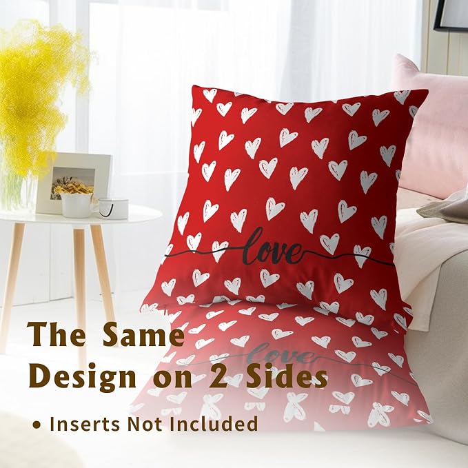 Valentine's Day Pillow Covers 22x22 Inch, Set of 2 Romantic Love Hearts Red Decorative Throw Pillowcases Square Cushion Cover for Anniversary Bridal Wedding Couch Sofa Home Decor