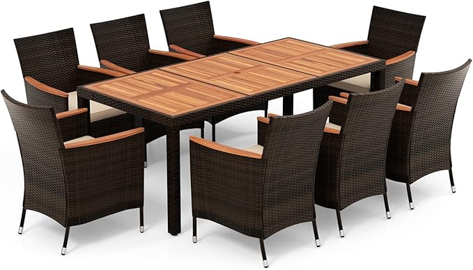 HAPPYGRILL 9 Pieces Patio Dining Set, Outdoor Rattan Wicker Dining Set with Cushions, Patio Dining Furniture Set with Acacia Wood Table Top & Armrest