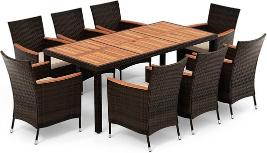HAPPYGRILL 9 Pieces Patio Dining Set, Outdoor Rattan Wicker Dining Set with Cushions, Patio Dining Furniture Set with Acacia Wood Table Top & Armrest