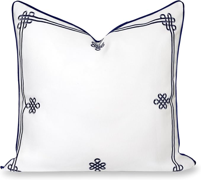 Hofdeco Premium Coastal Hampton Patio Indoor Outdoor Throw Pillow Cover Only, 22"x22" Water Repellent for Backyard, Couch, Poolside, Navy Blue Embroidered Chinoise Lucky Knots