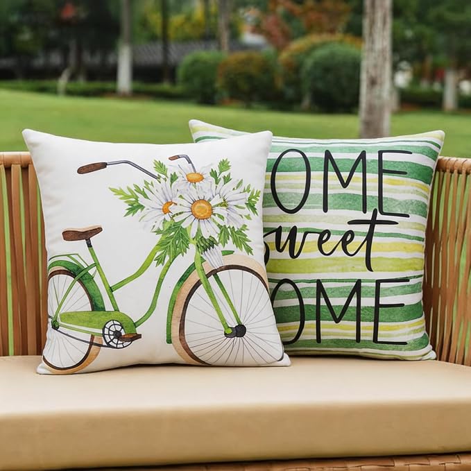 cygnus Spring Summer Waterproof Outdoor Pillow Covers 18x18 Inch Set of 4 Home Sweet Home Bless Home Daisy Striped Outdoor Pillows for Patio Furniture Garden Bench Proch Balcony,Green