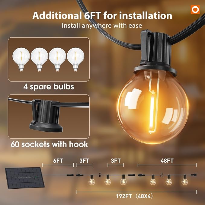 addlon 198FT Solar String Lights Outdoor, Waterproof, USB Charging | Dimmable, 3 Light Modes, Remote, 60+4 G40 LED Bulbs, Easy Install, for Large Backyard, Garden, Porch, Wedding, Party, Camping