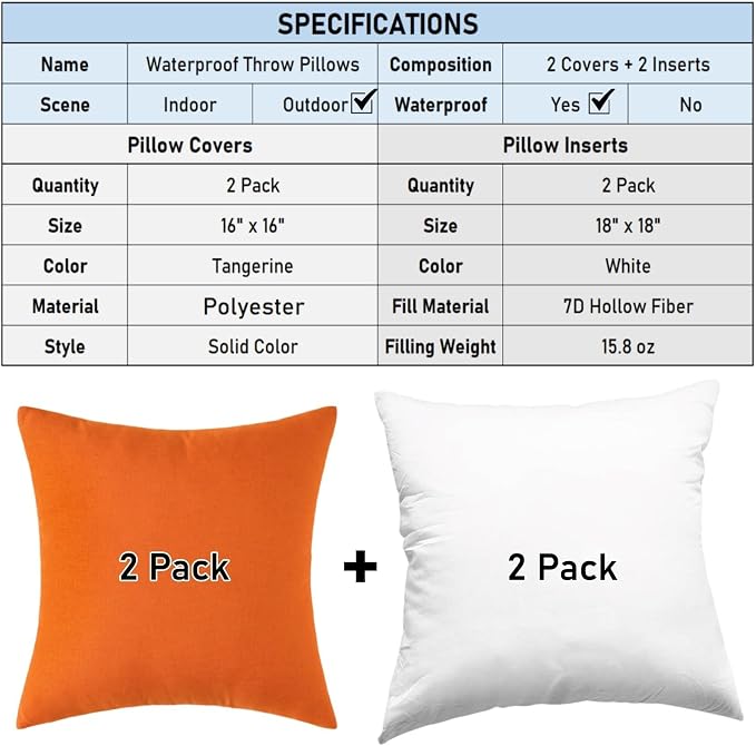 Outdoor Throw Pillows with Inserts, Waterproof Pillows for Outdoor Seating, Square Decorative Garden Cushion for Patio Furniture, Bed, Couch, Sofa (Orange, 16" x 16" (Pack of 2))