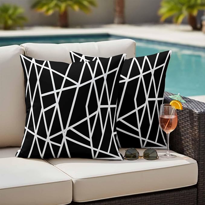 Outdoor Pillow Covers Waterproof, Black Geometric Decorative Square Throw Pillowcases Patio Cushion Covers for Tent/Garden, 18" x 18" 2 Pack, Abstract Stripes Modern Simple
