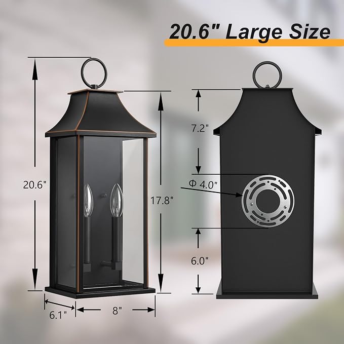 Dusk to Dawn Outdoor Wall Light, 20.6 Inch, Black with Brown Trim | Modern Exterior Light Fixture, Large Outside Wall Lantern Sconce, for House, Porch, Garage