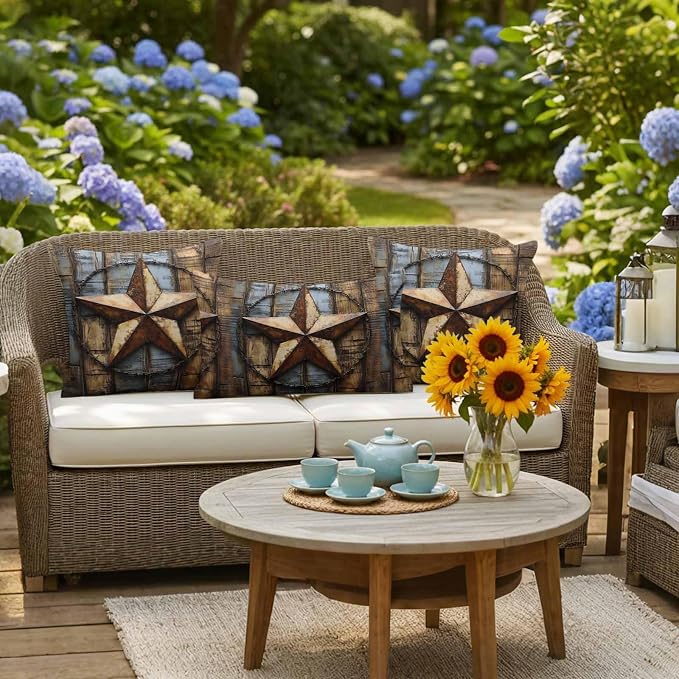 Rustic Star Brown Waterproof Outdoor Pillow Covers Set of 2 Home Decor, Vintage Farmhouse Wooden Grain Art Pillowcase Patio Pillow Covers for Couch Bench Furniture Garden 18x18in