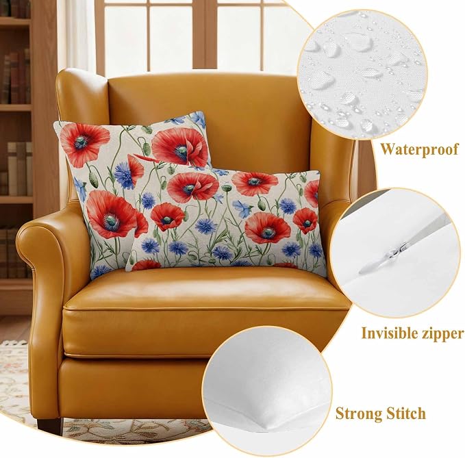 Red Blue Flowers Waterproof Outdoor Pillow Covers Set of 2 Home Decor, Patriotic Poppy Floral Summer Country Pillowcase Patio Pillow Covers for Couch Bench Furniture Garden 18x18in