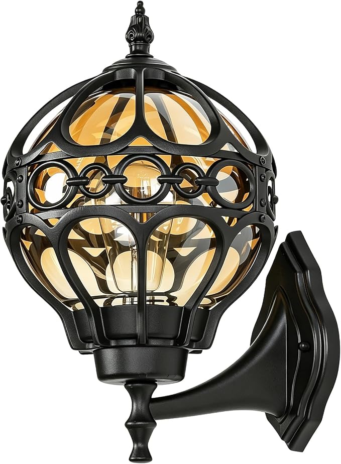 Black Globe Outdoor Wall Lights, Round Exterior Wall Sconce for Patio, Porch, Garage, Anti-Rust Aluminum Wall Mount Lighting Fixture, Classic Wall Lantern with Ornate Cage & Amber Glass, E26 Base