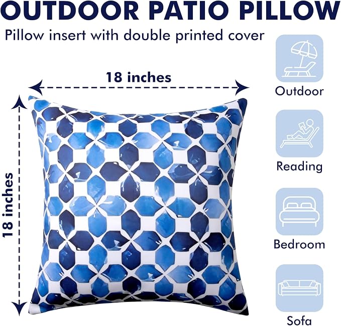 18x18 Waterproof Outdoor Pillows, Set of 2 Outdoor Throw Pillows | Patio Furniture Pillows, Fluffy Decorative Pillows, Waterproof &Fade Resistant, Removable & Washable, Blue White with Plaid