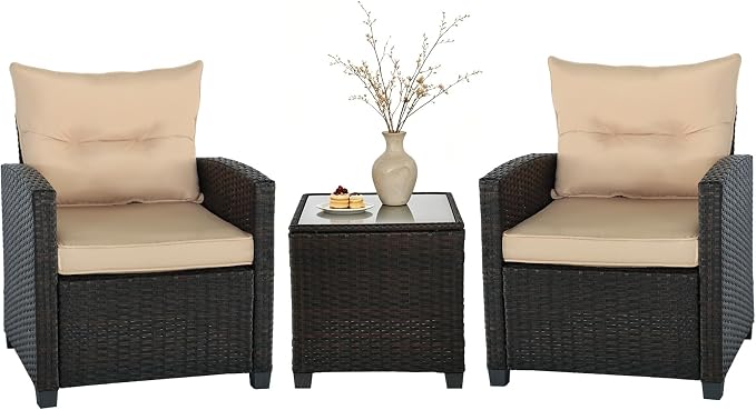 SHGJ&SOFT 3 Pieces Patio Furniture Set, Outdoor Conversation Set with Cushions, PE Rattan Wicker Bistro Set and Tempered Glass Tabletop, Outdoor Rattan Sofa for Poolside,Porch,Balcony (Beige)
