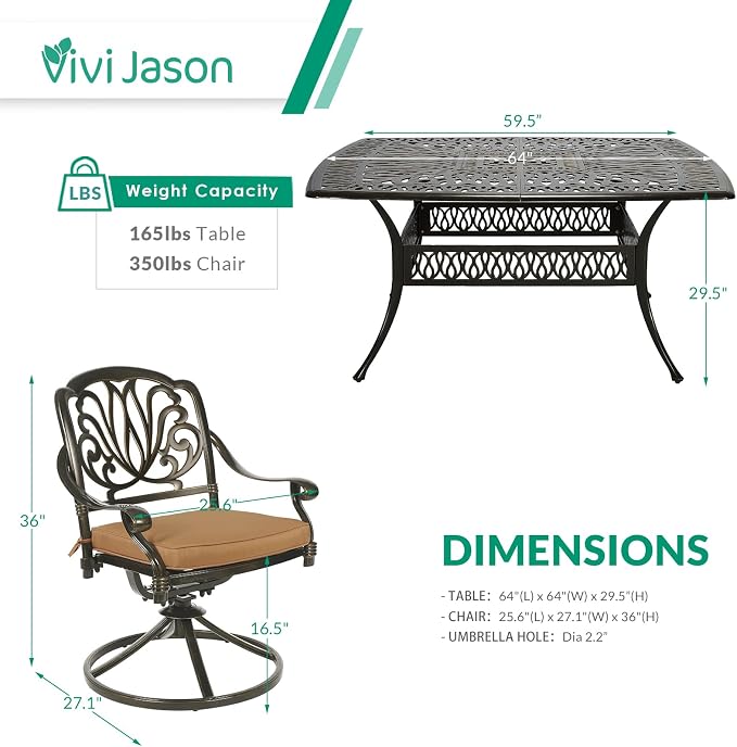 VIVIJASON 9-Piece Outdoor Dining Table Set for 8, All-Weather Cast Aluminum Patio Table and Chairs Set with 8 Swivel Rocker Chairs, 64" Large Square Dining Table with 2.2" Umbrella Hole