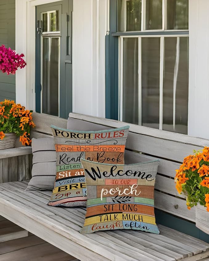 Decorative Outdoor Pillow Covers Porch Rules Sign Farmhouse Throw Pillow Covers, Square Linen Patio Cushion Cases for Couch Bench Seat Chair Car 18x18 Inch