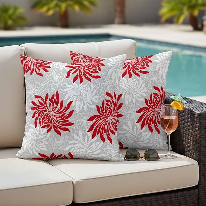Red Grey Floral Outdoor Pillow Covers Set of 2 Vintage Red White Grey Flower Waterproof Throw Pillow Cover Decorative Cushion Cases for Patio Porch Garden 20X20 Inch