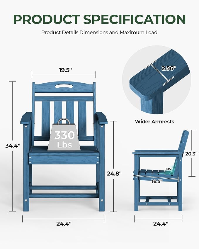 Set of 2 Weatherproof Patio Chairs - HDPE Outdoor Dining Chairs with Wide Seat, Ergonomic Design - for Garden, Backyard, Deck - Navy Blue