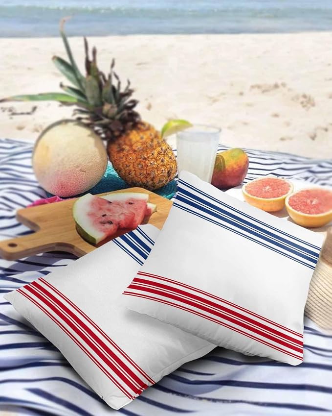 Prime Leader Outdoor Waterproof Pillow Covers Set of 2, Independence Day Flag Day Blue Red Stripe Patio Throw Pillow Covers, Decorative Cushion Case for Couch Sofa Furniture Garden, 18x18 Inch