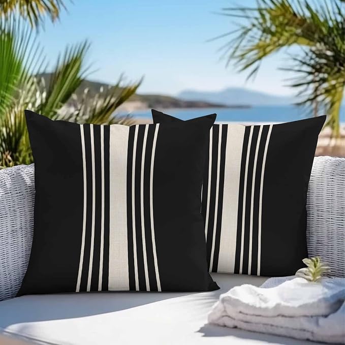 Throw Pillow Covers 18x18 Inch Set of 2, Black Beige Striped Waterproof Outdoor Cushion Covers, Modern Farmhouse Retro Lines Decorative Pillowcases for Couch, Sofa, Bed, Garden, Patio