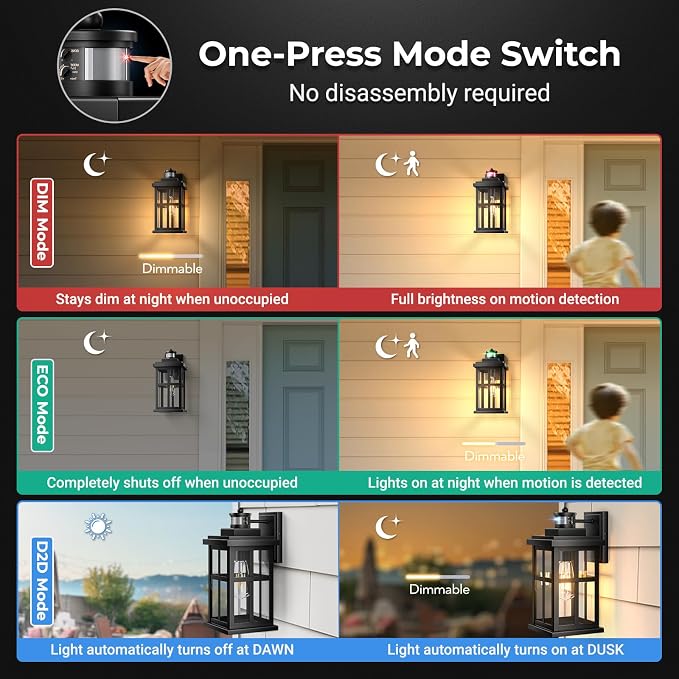 Large Motion Sensor Outdoor Light, Black Porch Light Dusk to Dawn, Waterproof Outdoor Motion Sensor Light, Anti-Rust Outside Lights for House, Garage, Doorway, Porch, 100% Aluminum