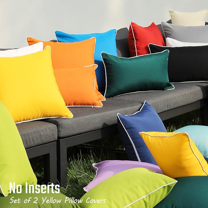 JOJOGOGO Mustard Yellow Waterproof Sun Fade Resistant Lumbar Pillow Covers 12x20 Set of 2, Bright Yellow Summer Outdoor Decorative Pillows 20 x 12 for Patio Furniture (with White Piping)