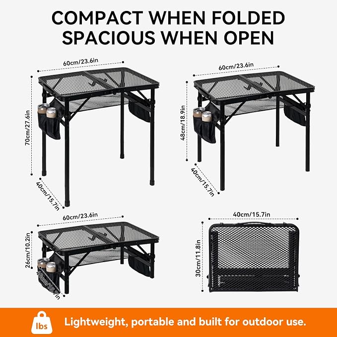 2Ft Foldable Grill Table for Camping, Portable Metal Mesh BBQTable with Dual Side Storage Bags, Lightweight Folding Outdoor Cooking Table for Picnic, RV Travel, Beach & Backyard BBQ