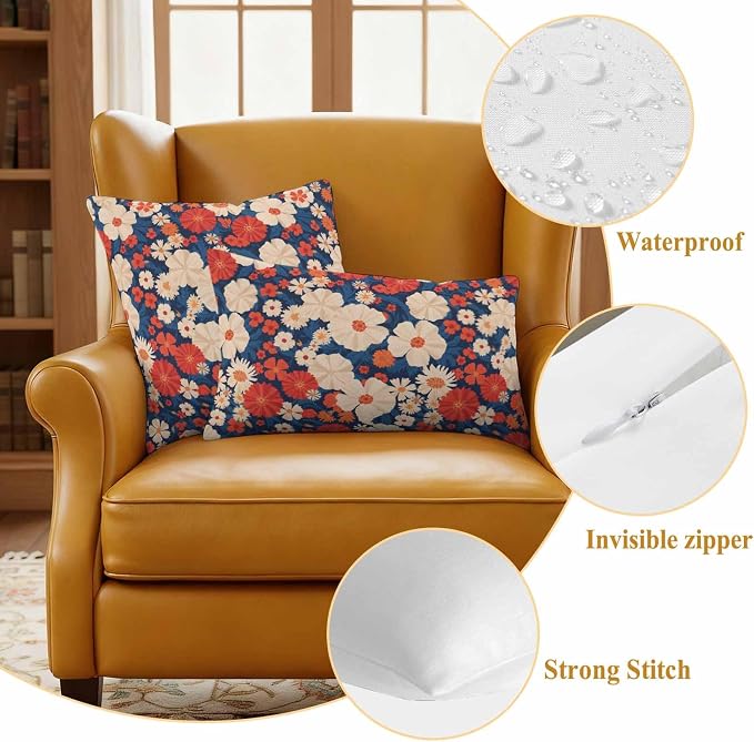 Independence Day Outdoor Waterproof Throw Pillow Covers Set of 2, 26"x26", Red White Daisy Retro 4th of July Decorative Pillow Covers Outside Cushion Case for Patio Porch Garden