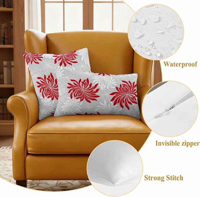 Red Grey Floral Outdoor Pillow Covers Set of 2 Vintage Red White Grey Flower Waterproof Throw Pillow Cover Decorative Cushion Cases for Patio Porch Garden 20X12 Inch