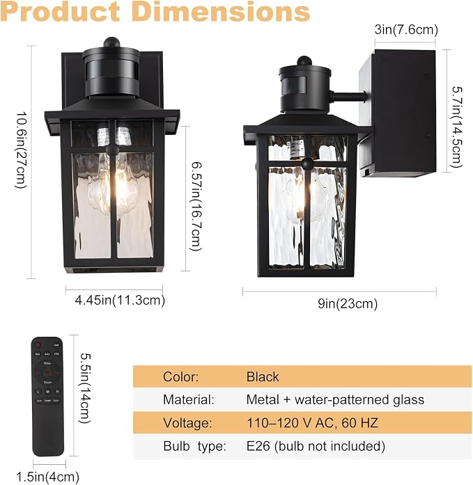 Porch Light with GFCI Outlet with Remote,Dusk to Dawn Motion Sensor Outdoor Light,Upgraded 4 Lighting Modes Black Front Door Light,Waterproof Outside Lights for House Patio Garage Entryway, 1 Pack