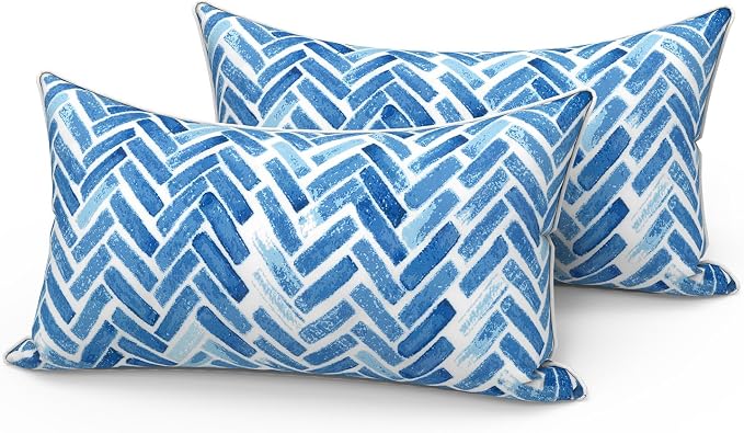 LVTXIII Set of 2 Outdoor Lumbar Pillows for Patio Furniture with White Piping, 12"x20" Fade Resistant Patio Lumbar Pillows with Inserts for Home Coach Sofa Use, Blue Bricks