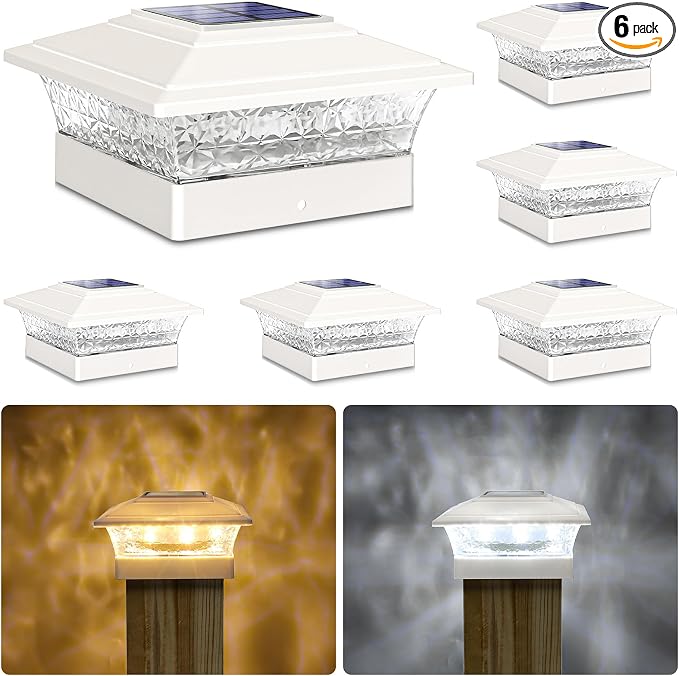Solar Post Cap Lights Outdoor 6pack, Waterproof Fence Post Lights with 16 Ultra Bright LEDs Fit 4x4/5x5/6x6 Wood/Vinyl Posts, White Deck Post Lights with Warm/Cool White for Garden, Patio, Porch, Yard