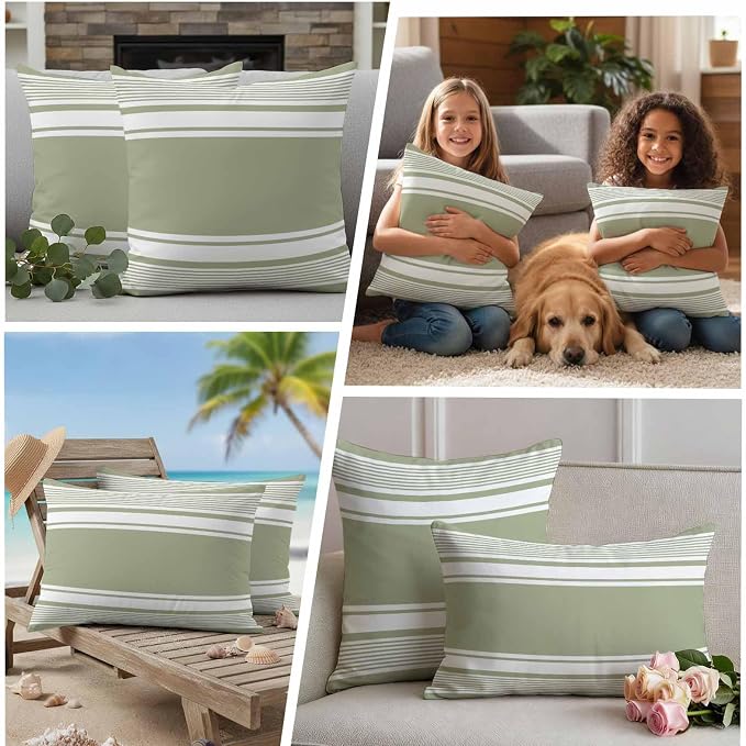 Vandarllin Outdoor Throw Pillows Covers 20x12 inch Set of 2 Waterproof Sage Green Stripes Decorative Zippered Cushion Covers for Patio Furniture, Striped Lines Lumbar Pillowcases