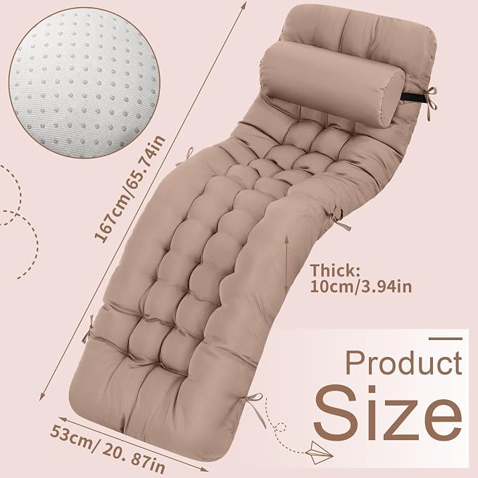 Tudomro Outdoor Chaise Lounge Cushion 66x21x4'' Waterproof & Fade-Resistant Patio Pool Chaise Lounge Cushion Headrest Pillow Tie Replacement Rocking High Back Chair(Taupe,1 Pcs)