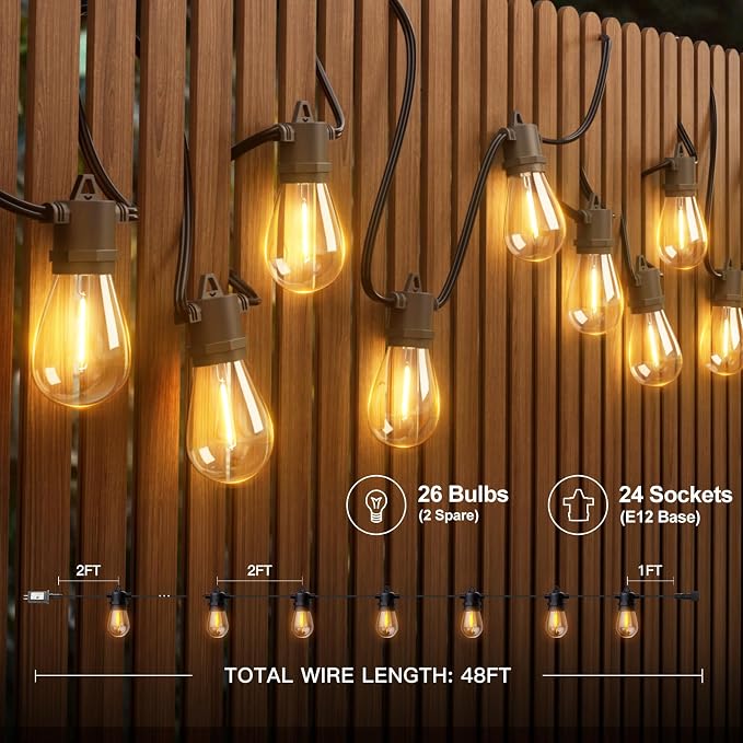 addlon 48FT Outdoor String Lights with 24 Dimmable Edison Bulbs for Patio | UL Listed, Remote Control. Waterproof Shatterproof Bulbs, Timer, Linkable, 2700K Warm White. Backyard, Pergola, Deck, Garden.