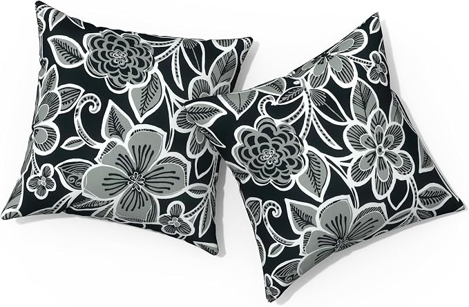 Outdoor Pillows for Patio Furniture 16x16 inch, Square Outdoor Throw Pillows with Inserts, Decorative Patio Pillows for Garden Couch Home Sofa Office Chair, Pack of 2,Flower Black
