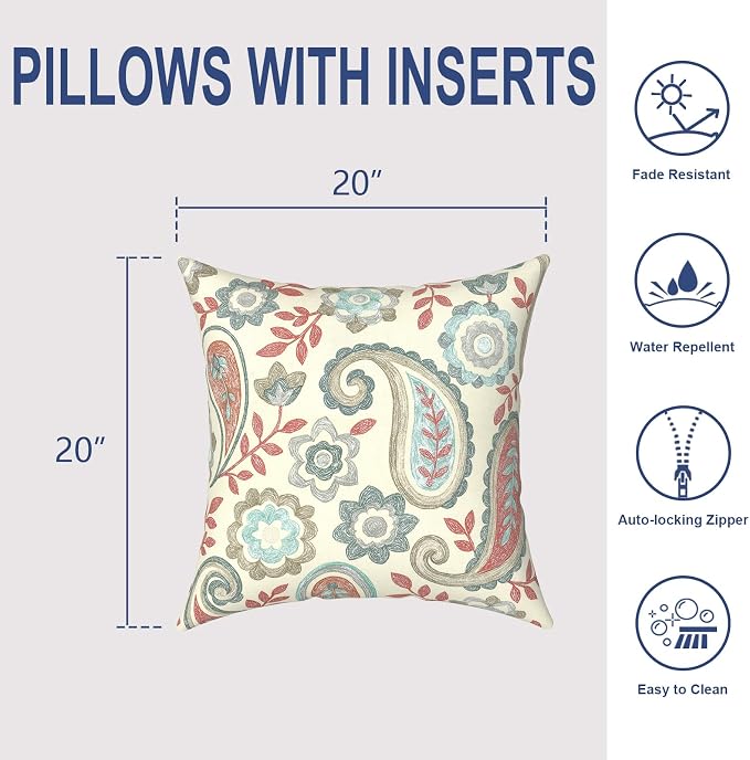 Outdoor 20x20 Inch Throw Pillows with Inners, Square Pillows Decorative Set of 2 for Home Garden Furniture, Paisley Vintage