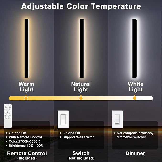 Modern Outdoor Wall Lights, 2 Pack 59 Inch Long Outdoor Wall Sconce | LED Dimmable Outdoor Porch Lights Black Wall Mount Outside Wall Light IP65 Waterproof Exterior Light Fixture for House Garage