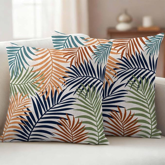 Outdoor Waterproof Throw Pillow Covers, Colorful Palm Leaves Decorative Pillow Cases, Summer Botanical Tropical Leaf Couch Pillow Protector Patio Sofa Cushion Covers Replacement 18"x18" 2 Pack