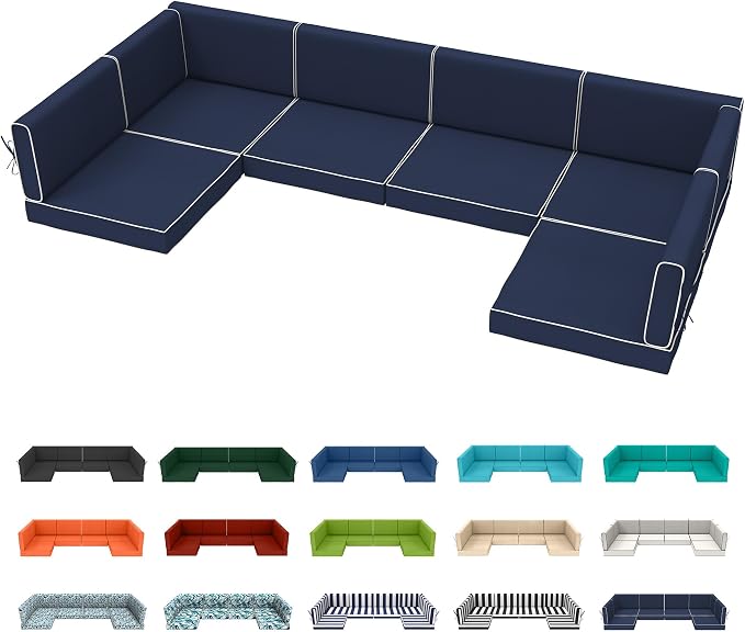 14pc Waterproof Outdoor Couch Cushions for 6Seat Patio NavyBlue+WhitePiping | Water-resistant, UV-resistant,14pc High-Density Foam Replacement Cushions for 6-Seat Outdoor Sectional Furniture