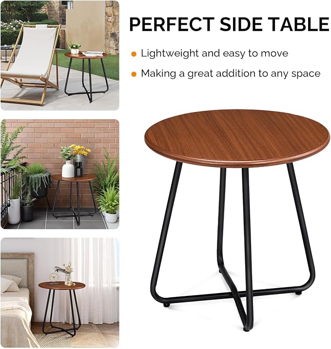 Outvita Indoor and Outdoor Side Table, Small Patio Side Table, Metal Round Portable Waterproof Weather Resistant End Table for Patio, Garden, Balcony, Yard, Wood Grain Color