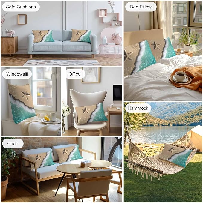Summer Coastal Outdoor Throw Pillow Cover Ocean Starfish Shells on Beach Waterproof Cushion Covers 2 Pack Welcome Texts Pillow Cases Home Decoration for Patio Garden Couch Sofa 20x12In