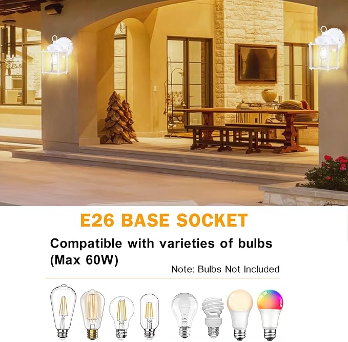 Outdoor Wall Light, Porch Lamp, Rustproof Waterproof, White | Exterior Wall Sconce Fixture for House, Garage, Patio, Metal Housing with Glass, E26 Base, 4 Pack