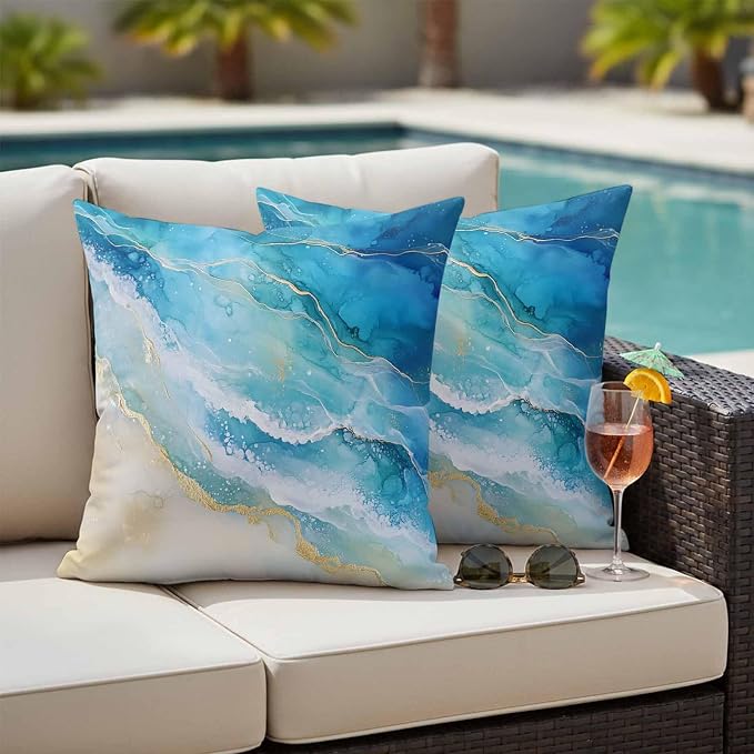 Abstract Waves Outdoor Waterproof Throw Pillow Covers Set of 2, 26"x26", Surrealism Spray Beach Ocean Watercolor Decorative Pillow Covers Outside Cushion Case for Patio Porch Garden