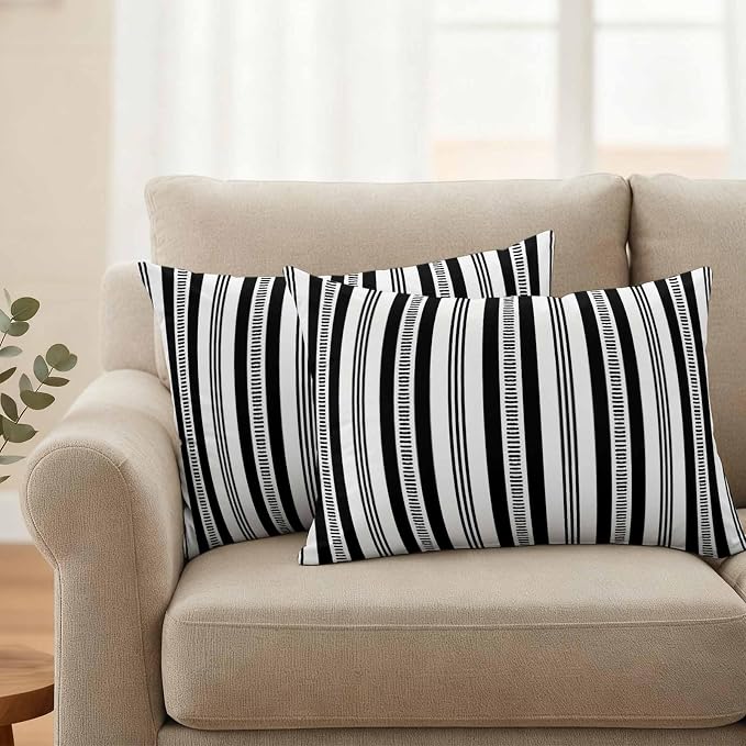 Black Striped Outdoor Waterproof Pillow Covers, Farmhouse Stripes Modern Geometric Decorative Rectangle Throw Pillowcase Sofa Cushion Sham for Patio/Couch/Chair, 20"x12" 2 Pack