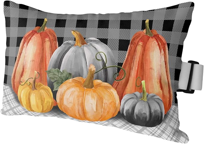 Outdoor Pillows Covers with Inserts Fall Pumpkin Black Gray Lattice Waterproof Recliner Pillow with Adjustable Strap Throw Pillows for Patio Furniture Pool Lounge Chair, 12x20 inch, 1PCS