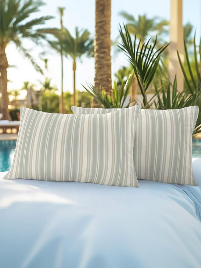 Waterproof Outdoor Pillow Set of 2 Sage Green Stripes Decorative Throw Pillows Cover & Insert 20x12 Inch Lumbar Pillowcase White Lines Lines Pillows for Couch Sofa Bed Patio Furniture Indoor Outdoor