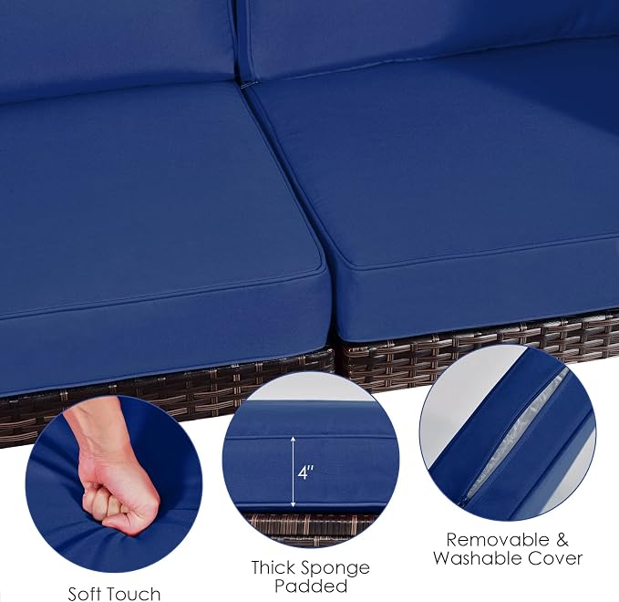 HAPPYGRILL 6 Pieces Outdoor Patio Furniture Set, PE Rattan Conversation Set with Tempered Glass Coffee Table and Cozy Cushions, Weather Resistant Sectional Sofa Set, Navy Blue