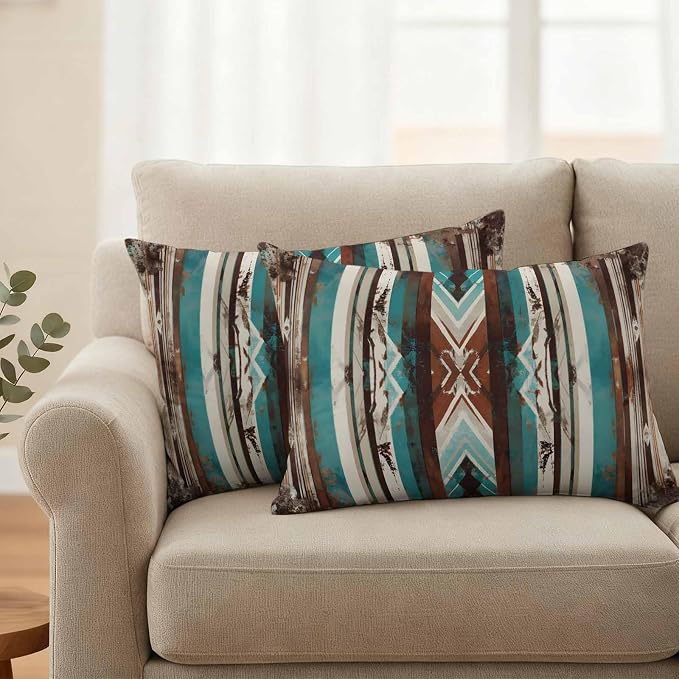 Ethnic Tribal Stripes Outdoor Pillow Covers 20"x12" Set of 2, Retro Vintage Geometric Teal Brown Stripes Waterproof Throw Pillow Covers for Patio Furniture, Decorative Cushion Covers for Porch