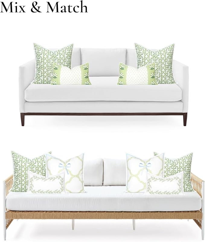 Hofdeco Premium Grandmillennial Coastal Hampton Patio Indoor Outdoor Throw Pillow Cover Only, 20"x20" Water Repellent for Backyard, Couch, Poolside, Grass Green Print Fretwork Trellised Screen