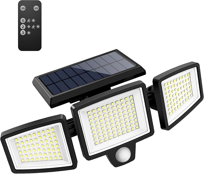 Tuffenough Solar Outdoor Lights 2500LM 210 LED Security Lights with Remote Control,3 Heads Motion Sensor Lights, IP65 Waterproof,270° Wide Angle Flood Wall Lights with 3 Modes(1 Packs)