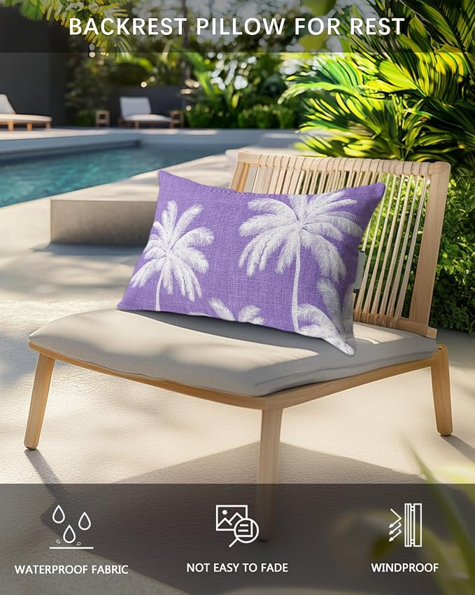 Pack of 2 Outdoor Lumbar Pillow Covers 11x16 Inch, Purple Palm Trees Waterproof Throw Pillow Covers Set, Farmhouse Tropical Summer Beach Indoor&Outdoor Decorative Cushion Cases for Patio Porch Car