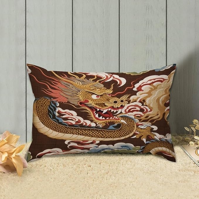 Set of 2 Chinese Oriental Style Asian Dragon Gold Pillow Covers 12x18in Farmhouse Canvas Cushion Covers Outdoor for Couch Chair Home Decor for Family Friends